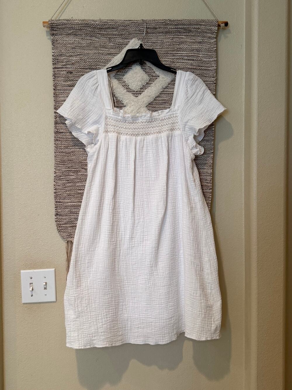 Copper Key White Gauze Mini Dress Women’s Size L Smocked Square Neck Cottagecore